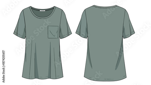Fashionable short-sleeved t-shirt mockup in a muted sage hue showcasing front and back views for design inspiration and apparel creation