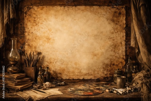 Antique artwork featuring an old stained paper sheet as a detailed studio background