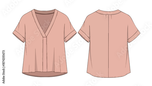 Elegant V-Neck Blouse Design: Front and Back Fashion Illustration With Pleated Detailing And Rolled Sleeves