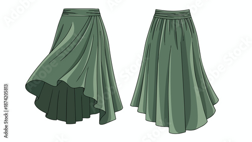 Elegant Flowing Sage Green Maxi Skirt Design with Asymmetrical Hemline and Gathered Waistband