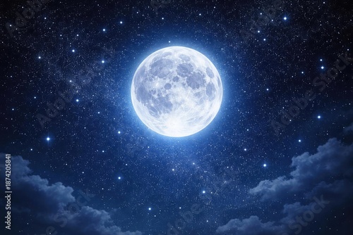 Vibrant full moon shining in a clear night sky rich with sparkling stars