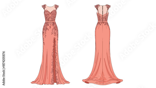 Elegant coral mermaid silhouette gown with lace details and a daring thigh-high slit, showcasing front and back views, perfect for formal events and