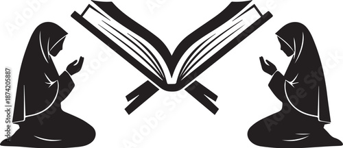 Ramadan kareem greeting with Quran and silhouette of two people in prayer