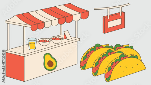 Taco Stand serving delicious tacos with avocado and condiments, vibrant food illustration perfect for street food
