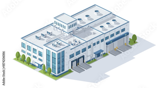 Isometric view of a modern industrial building with loading docks and offices, suitable for logistics or manufacturing facilities