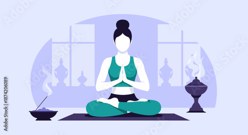 Calm woman practicing yoga meditation in lotus pose.