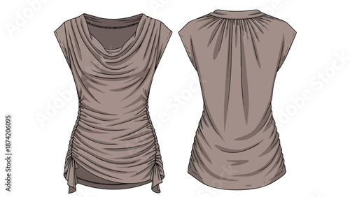 Fashionable draped cowl neck tunic with side ruching presented from front and back views artistic rendering