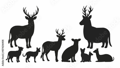 Collection of Deer and Dog Silhouettes on White Background.