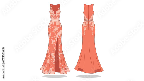 Elegant Coral Evening Gown Design with Intricate Floral Lace Overlay and High Slit for Special Occasions