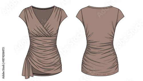 Elegant taupe draped wrap style t-shirt front and back view fashion illustration