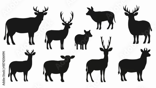Collection of Deer Silhouettes Standing and Grazing.