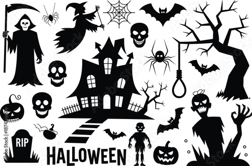 Halloween vector illustration, spooky silhouette design, haunted house, grim reaper, witch, bats, skulls, zombie, tombstone, spider, horror elements, eerie theme