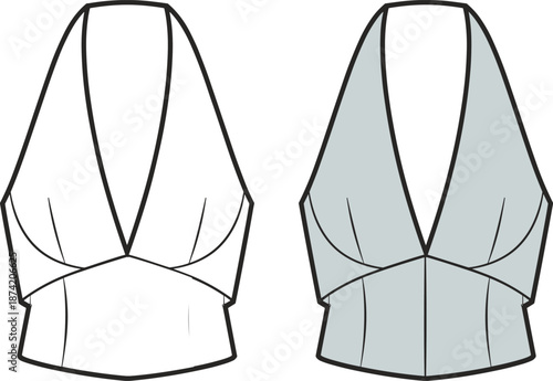 Halter top front and back view, deep V-neck fashion sketch, fitted bodice design, vector template, cad drawing flat vector illustration
