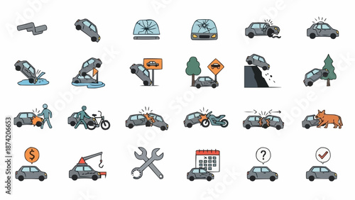 Collection of Car Accident and Road Safety Icons.