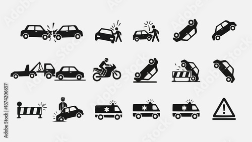 Collection of car accident and emergency service icons.