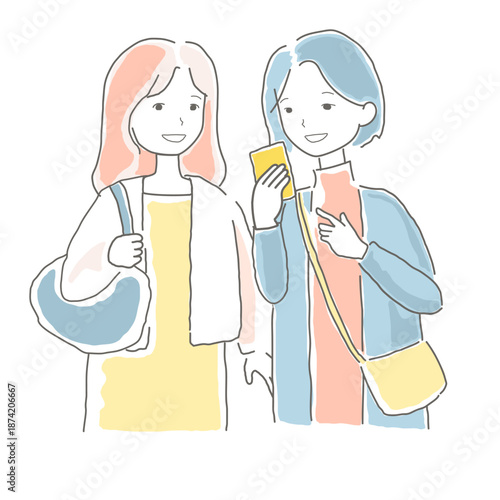 旅行やショッピングを楽しむ女性たちのイラスト