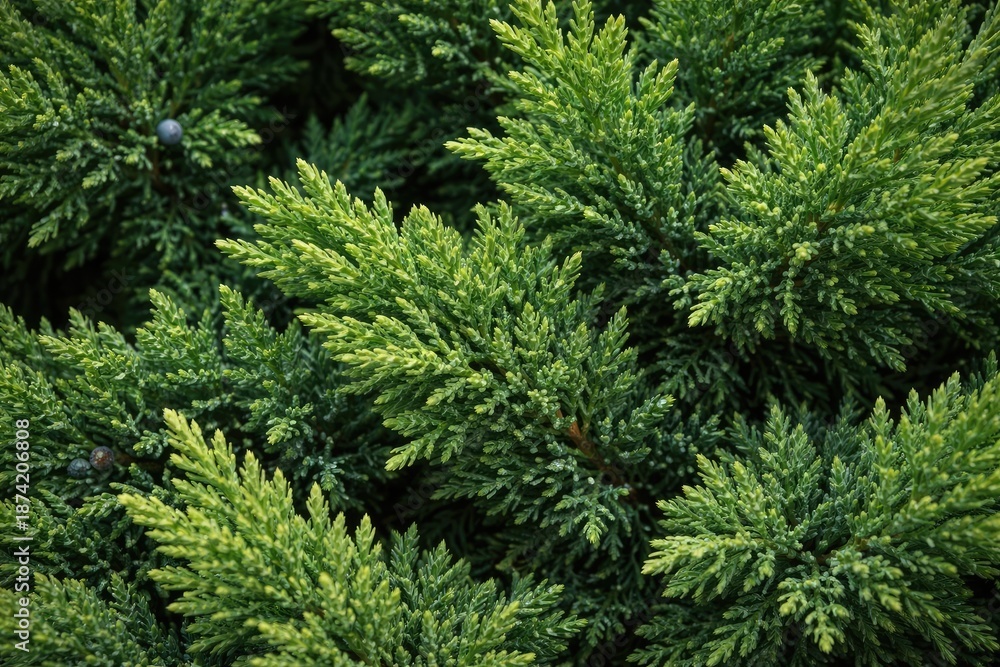 Fototapeta premium Zoomed perspective on rich juniper bush foliage textures