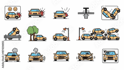 Collection of Car Accident Icons and Illustrations.