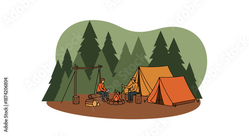 Camping tents and campfire in forest clearing.