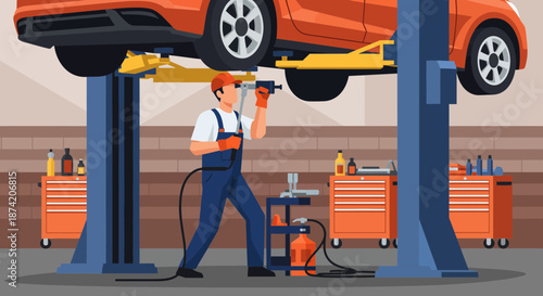 Car Mechanic Inspecting Vehicle on Lift in Workshop.