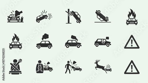 Collection of car accident icons and symbols.