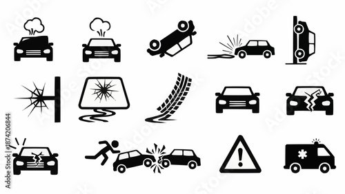Collection of car accident icons and symbols representing danger and emergency.