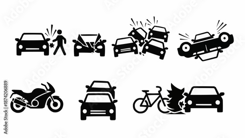 Collection of car accident icons and symbols representing different crash scenarios.