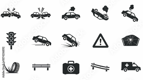 Collection of car accident icons and symbols representing traffic incidents.