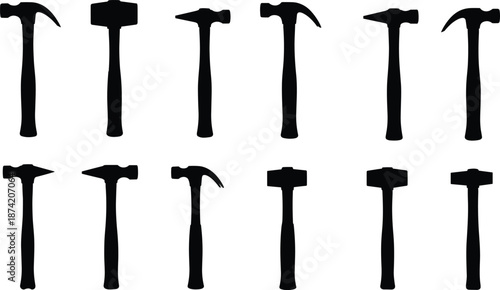 Hammer silhouettes collection, various construction and carpentry hammer types, black vector illustration for building, repair, tools, hardware, industrial, workshop design