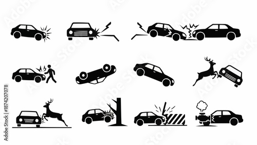 Collection of car accident icons illustrating various collision types.