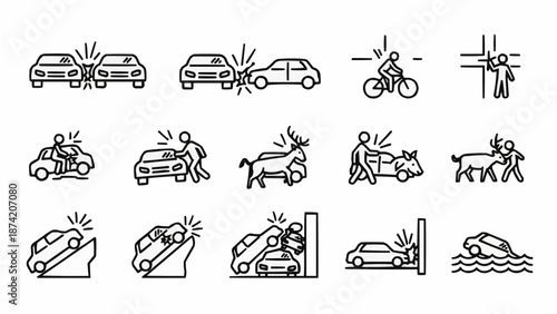 Collection of car accident icons illustrating various collision types.