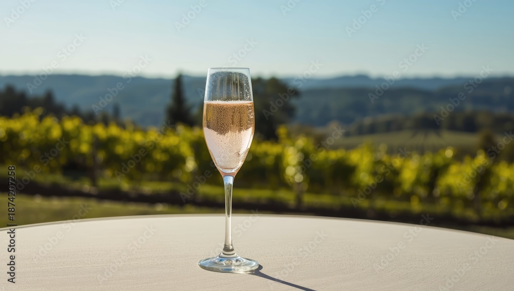 Fototapeta premium Sparkling rosÃ© wine with bubbles in a vineyard setting, emphasizing production techniques, Hautvillers vineyards, France