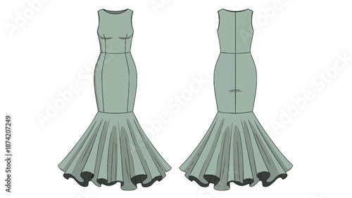 Elegant Sleeveless Mermaid Gown Fashion Design Illustration Showing Front and Back Views for Apparel Creation