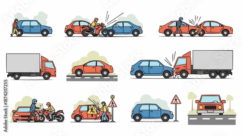 Collection of car accidents and traffic incidents illustrated.