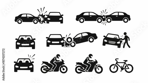 Collection of car and motorcycle accident icons representing traffic incidents.