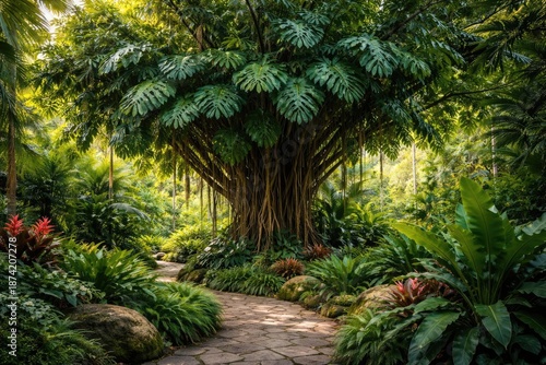 Natural garden environment with an expansive philodendron tree