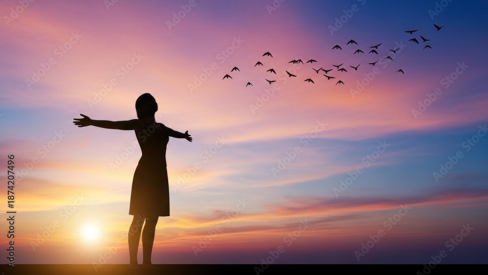 Fototapeta premium silhouette of a woman in sunset