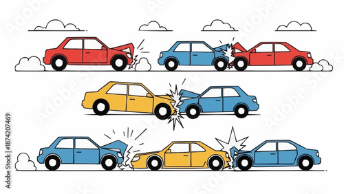 Collection of cartoon car crashes illustrating traffic accidents.