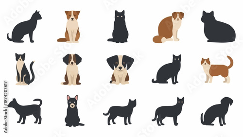 Collection of Cat and Dog Silhouettes and Illustrations.