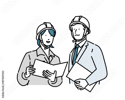 書類またはPCを持つビジネスパーソンー男女ー上半身ーヘルメットを被った男女ーベクターイラスト素材