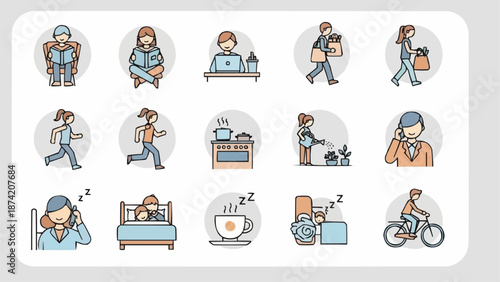 Collection of daily life activities icons in a grid.