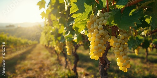 Sunny white grape clusters on vines in Italian vineyards, seasonal growth