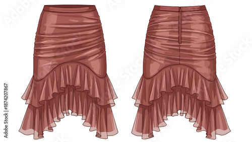 Elegant Ruffled Hem Skirt Design Illustration Featuring Draping and Tiered Layers
