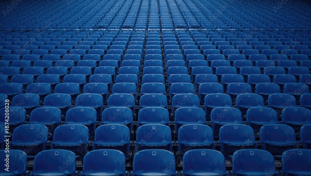Fototapeta premium Seating area with dark blue chairs in an amphitheater, suitable for editorial header backgrounds