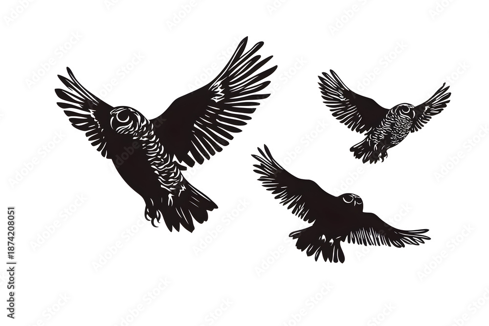 Obraz premium Soaring Trio: Three owls glide effortlessly, their forms captured in elegant silhouettes, against an open sky, their wings spread wide in a dance of flight and freedom.