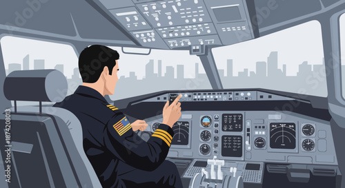 Commercial Airplane Pilot Operating Cockpit Controls.