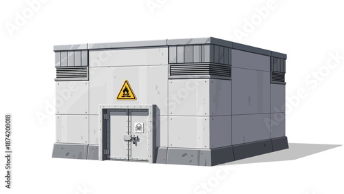 An industrial electrical substation building with warning signs on the door, in a neutral, bright, clean illustration style