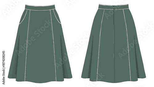 Detailed Fashion Illustration of a Slate Green Midi Skirt with Contrasting White Stitching and Pockets Displayed Front and Back Views