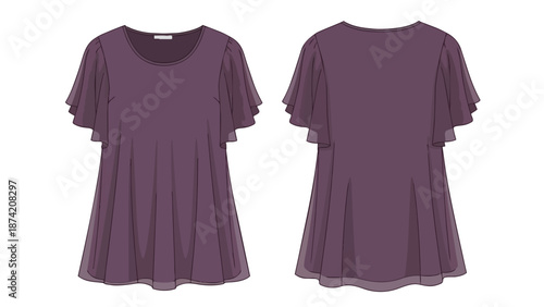 Elegant plum colored short sleeve flowing tunic top fashion illustration front and back view