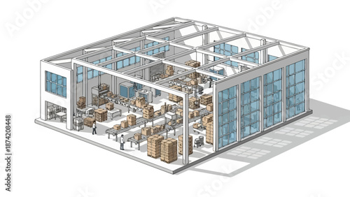 An isometric view of a busy modern warehouse interior with conveyor belts, boxes, and workers performing logistics and fulfillment tasks